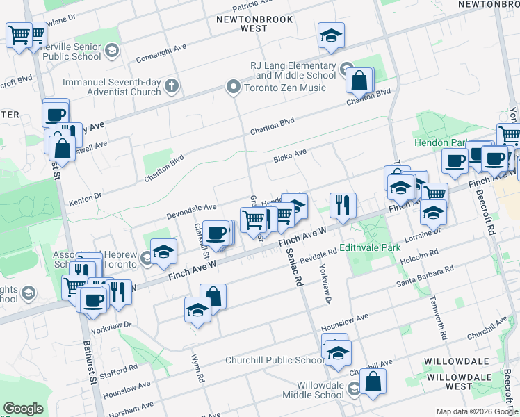 map of restaurants, bars, coffee shops, grocery stores, and more near 33 Grantbrook Street in Toronto