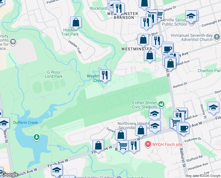 map of restaurants, bars, coffee shops, grocery stores, and more near 131 Torresdale Avenue in Toronto