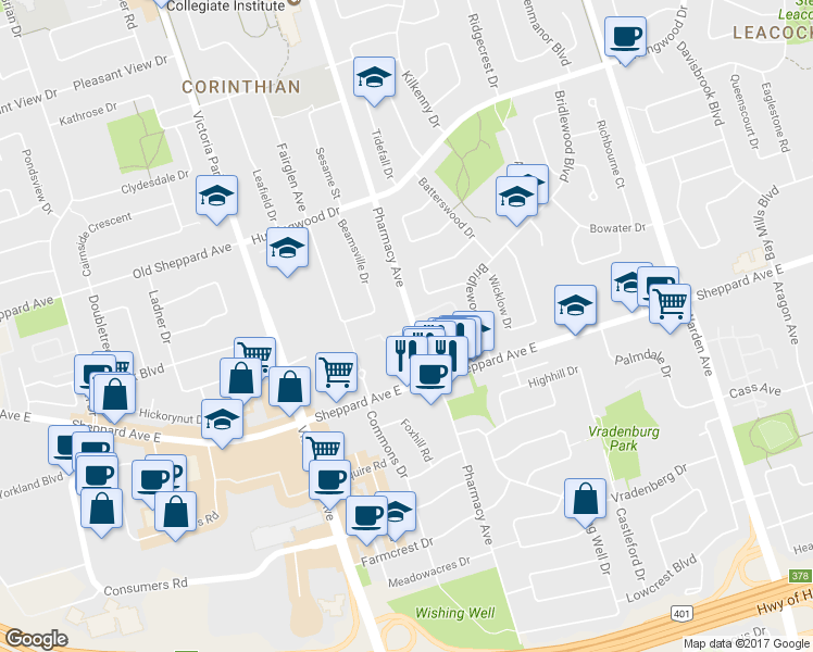 map of restaurants, bars, coffee shops, grocery stores, and more near 2020 Pharmacy Avenue in Toronto