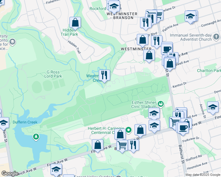 map of restaurants, bars, coffee shops, grocery stores, and more near 5830 Bathurst Street in Toronto