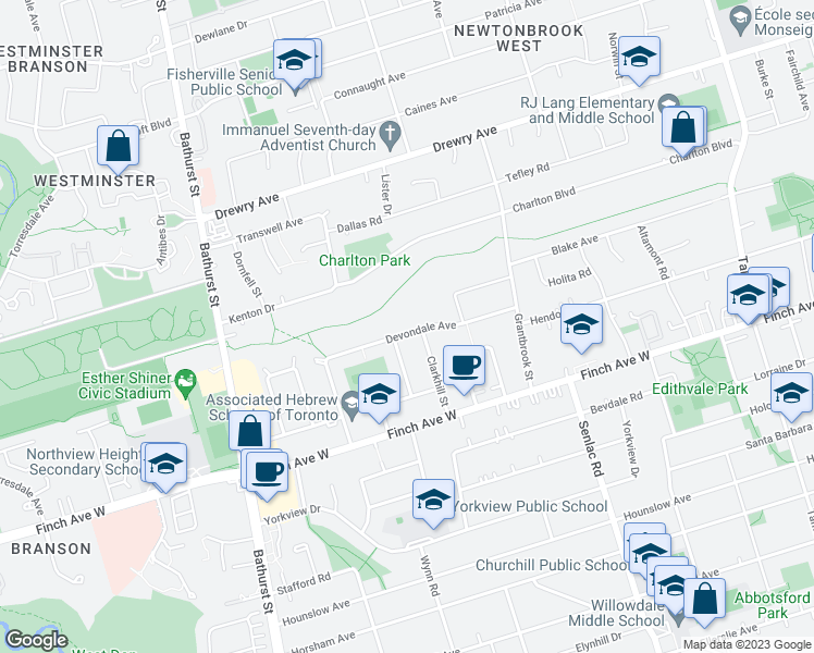 map of restaurants, bars, coffee shops, grocery stores, and more near in Toronto