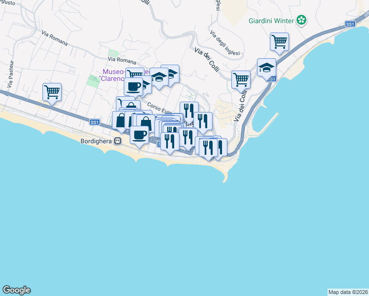 map of restaurants, bars, coffee shops, grocery stores, and more near 8 Via Sant'Ampelio in Bordighera