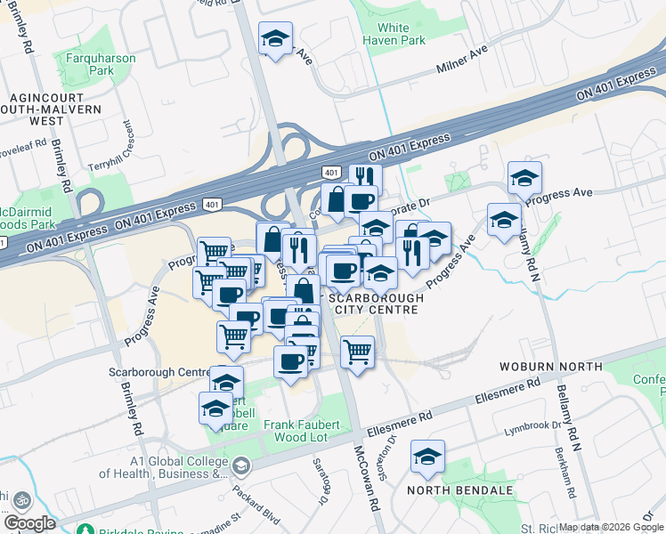 map of restaurants, bars, coffee shops, grocery stores, and more near 300 Consilium Place in Toronto