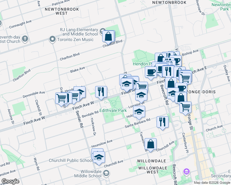 map of restaurants, bars, coffee shops, grocery stores, and more near 108 Finch Avenue West in Toronto