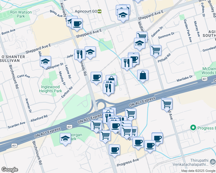 map of restaurants, bars, coffee shops, grocery stores, and more near in Toronto