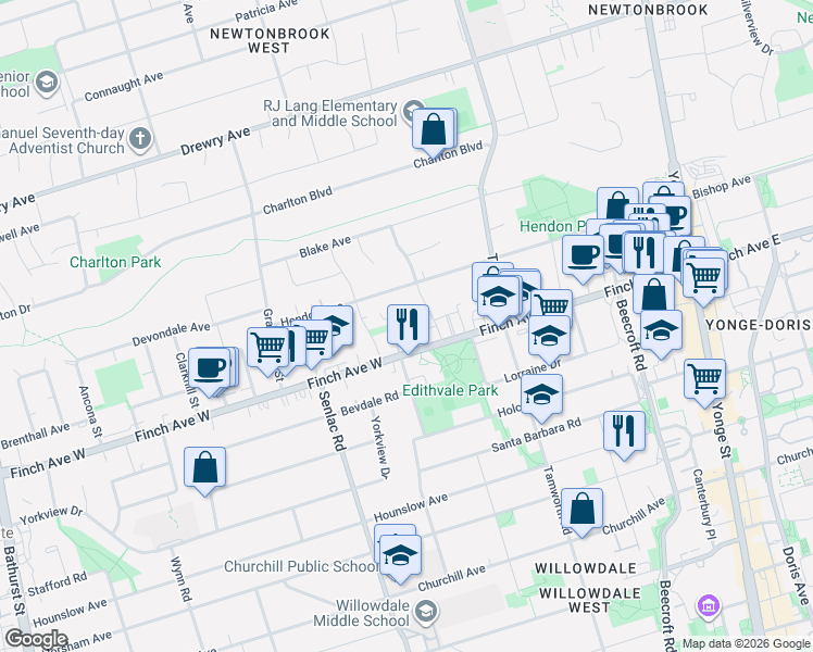 map of restaurants, bars, coffee shops, grocery stores, and more near 25 Routliffe Lane in Toronto