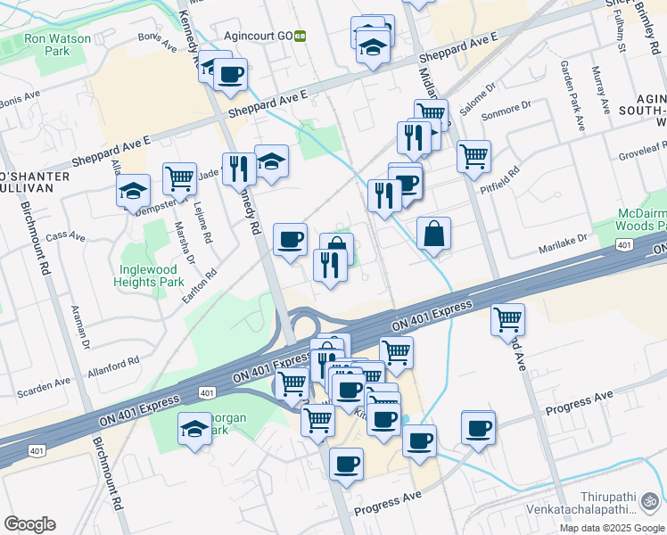 map of restaurants, bars, coffee shops, grocery stores, and more near 147 Village Green Square in Toronto