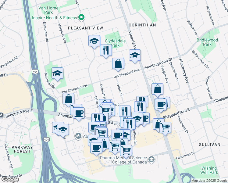 map of restaurants, bars, coffee shops, grocery stores, and more near 51 Wilkinson Drive in Toronto