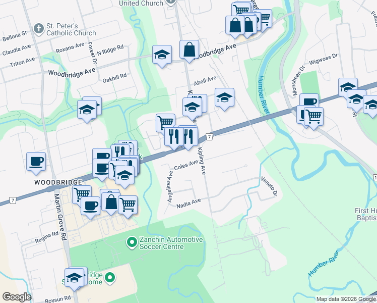 map of restaurants, bars, coffee shops, grocery stores, and more near 5279 Highway 7 in Vaughan