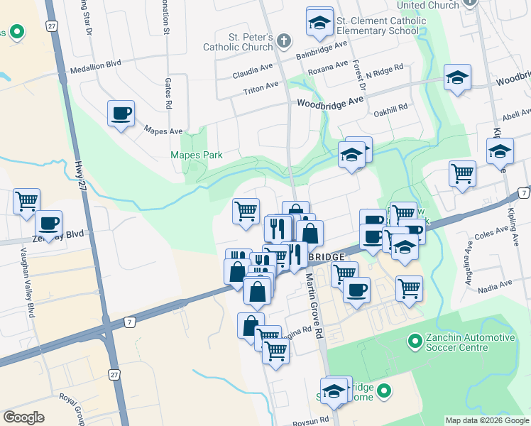 map of restaurants, bars, coffee shops, grocery stores, and more near 34 Agincourt Road in Vaughan