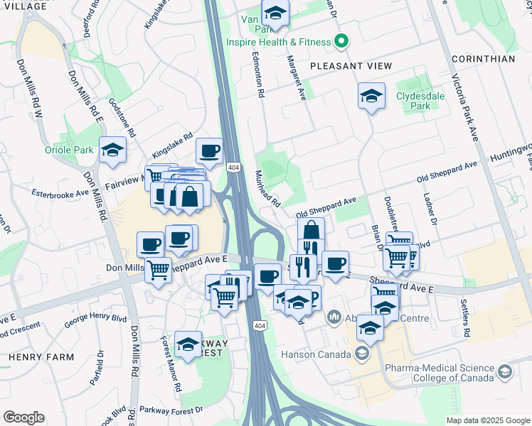 map of restaurants, bars, coffee shops, grocery stores, and more near 10 Muirhead Road in Toronto