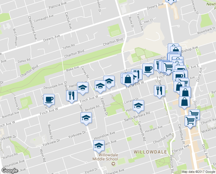 map of restaurants, bars, coffee shops, grocery stores, and more near 128 Finch Avenue West in Toronto