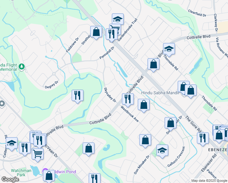 map of restaurants, bars, coffee shops, grocery stores, and more near 18 Skyvalley Drive in Brampton