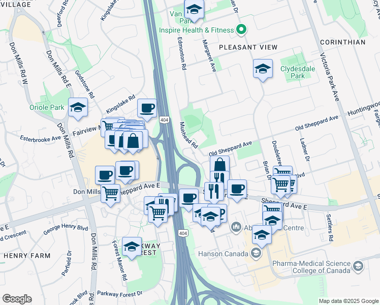 map of restaurants, bars, coffee shops, grocery stores, and more near 10 Muirhead Road in Toronto