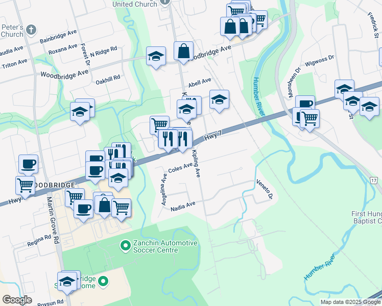 map of restaurants, bars, coffee shops, grocery stores, and more near in Vaughan