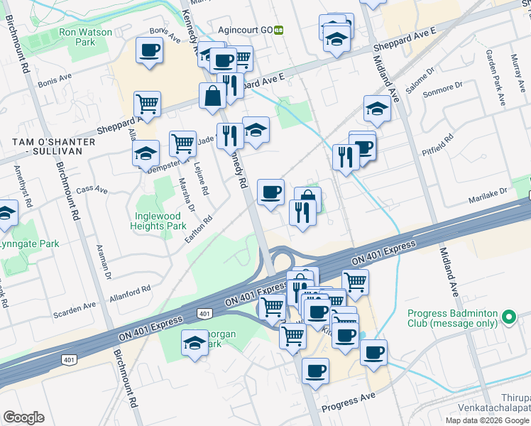 map of restaurants, bars, coffee shops, grocery stores, and more near 2075 Kennedy Road in Toronto