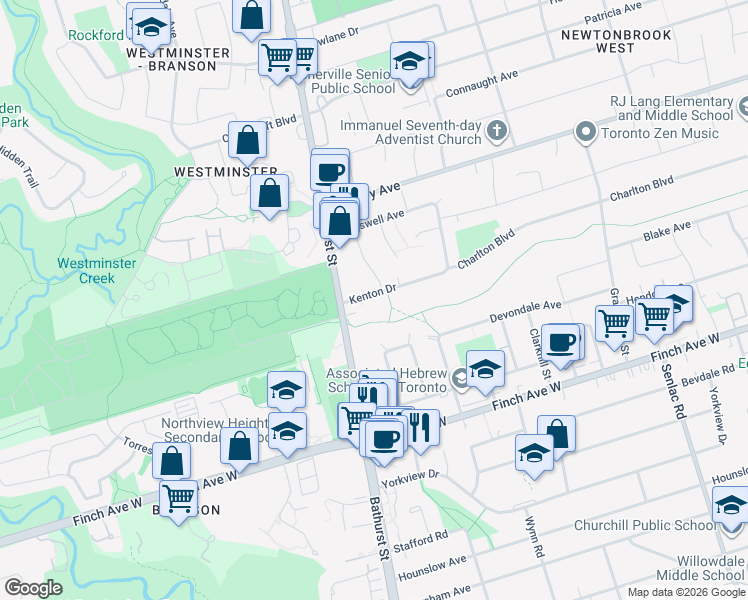 map of restaurants, bars, coffee shops, grocery stores, and more near 11 Kenton Drive in Toronto
