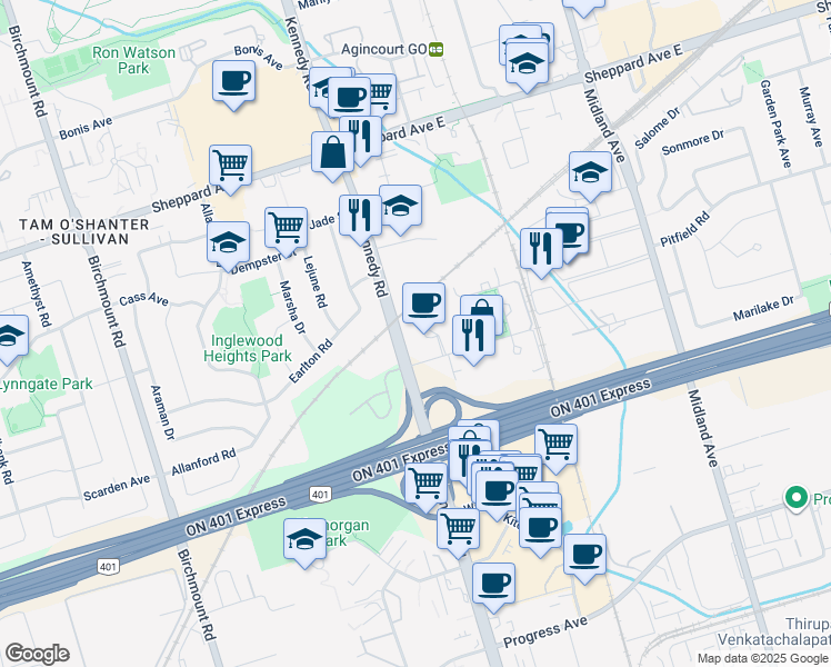 map of restaurants, bars, coffee shops, grocery stores, and more near 2075 Kennedy Road in Toronto
