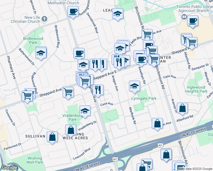 map of restaurants, bars, coffee shops, grocery stores, and more near 2075 Warden Avenue in Toronto