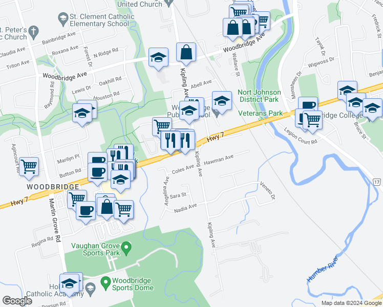map of restaurants, bars, coffee shops, grocery stores, and more near in Vaughan