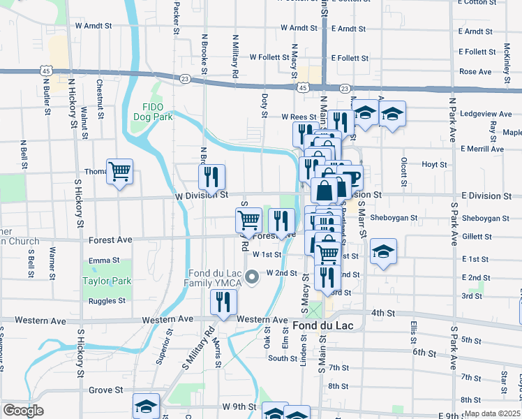 map of restaurants, bars, coffee shops, grocery stores, and more near 83 Forest Avenue in Fond du Lac