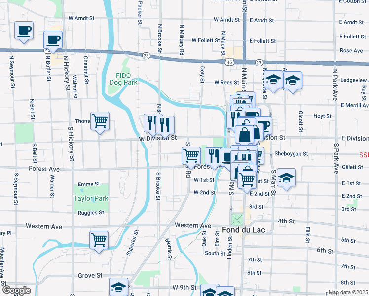 map of restaurants, bars, coffee shops, grocery stores, and more near 42 South Military Road in Fond du Lac