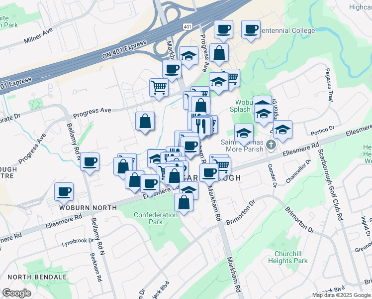 map of restaurants, bars, coffee shops, grocery stores, and more near in Toronto