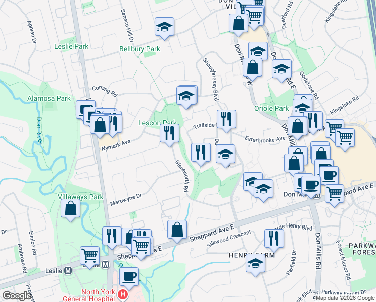 map of restaurants, bars, coffee shops, grocery stores, and more near 27 Shippigan Crescent in Toronto