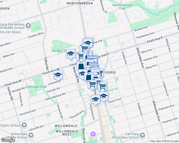 map of restaurants, bars, coffee shops, grocery stores, and more near 5500 Yonge Street in Toronto
