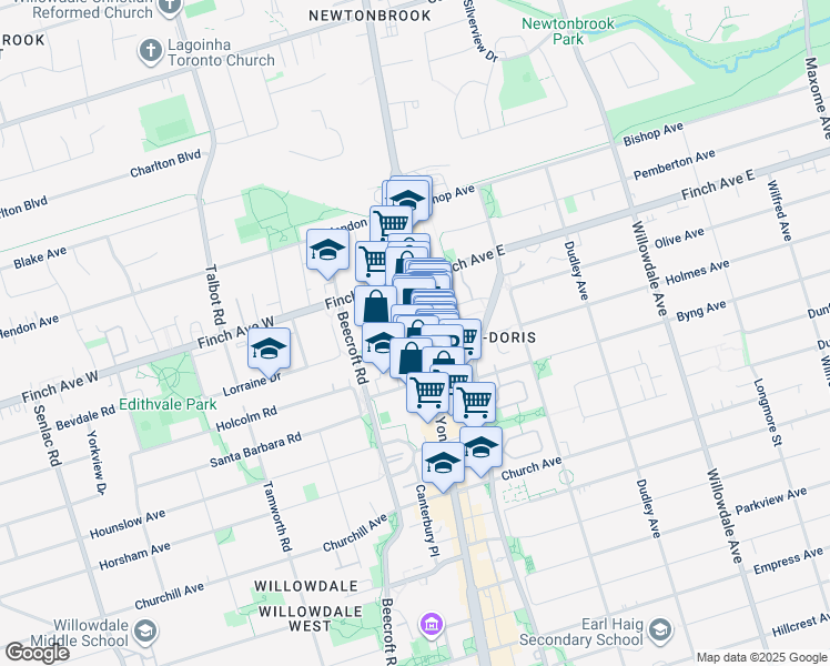 map of restaurants, bars, coffee shops, grocery stores, and more near 5500 Yonge Street in Toronto