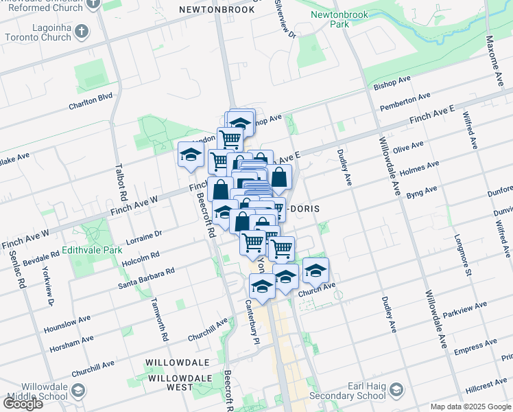 map of restaurants, bars, coffee shops, grocery stores, and more near 5449 Yonge Street in Toronto