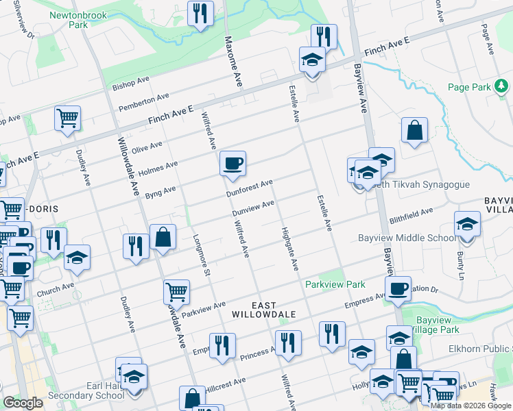 map of restaurants, bars, coffee shops, grocery stores, and more near 248 Dunview Avenue in Toronto