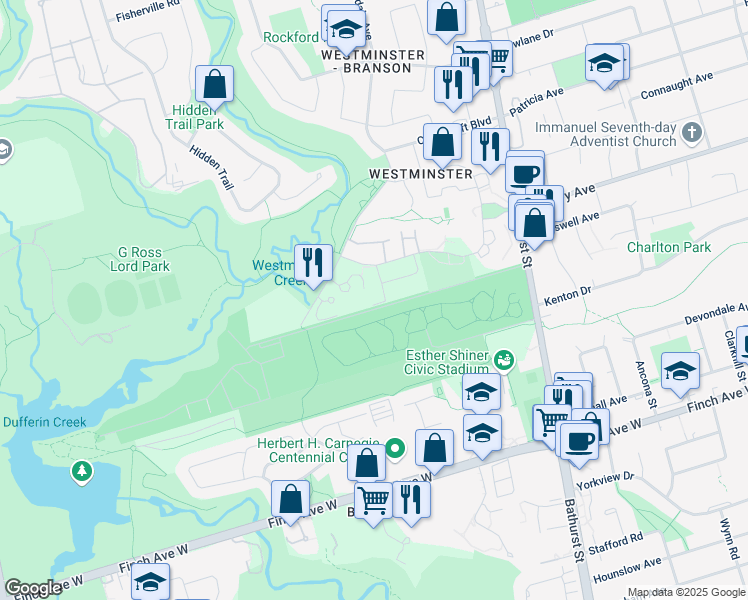 map of restaurants, bars, coffee shops, grocery stores, and more near 17 Coneflower Crescent in Toronto