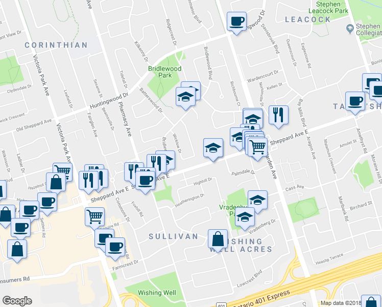 map of restaurants, bars, coffee shops, grocery stores, and more near 46 Wicklow Drive in Toronto