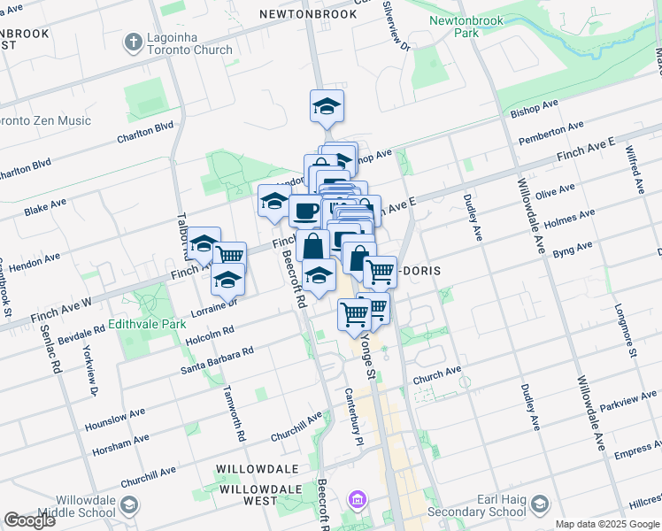 map of restaurants, bars, coffee shops, grocery stores, and more near 5508 Yonge Street in Toronto