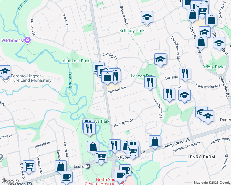map of restaurants, bars, coffee shops, grocery stores, and more near 15 Nymark Avenue in Toronto