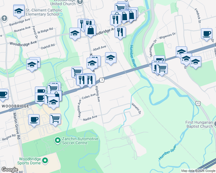 map of restaurants, bars, coffee shops, grocery stores, and more near 50 Hawman Avenue in Vaughan