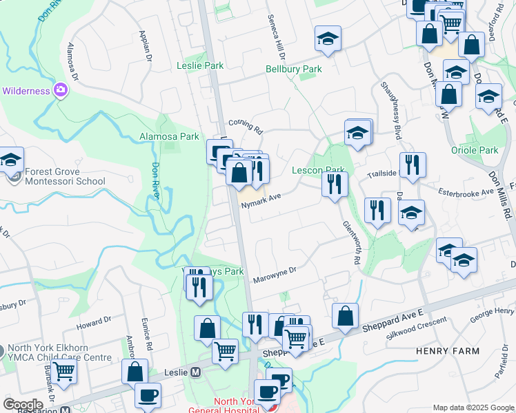 map of restaurants, bars, coffee shops, grocery stores, and more near 26 Nymark Avenue in Toronto