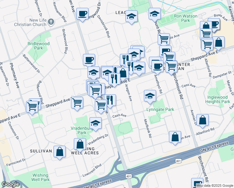 map of restaurants, bars, coffee shops, grocery stores, and more near 3423 Sheppard Avenue East in Toronto