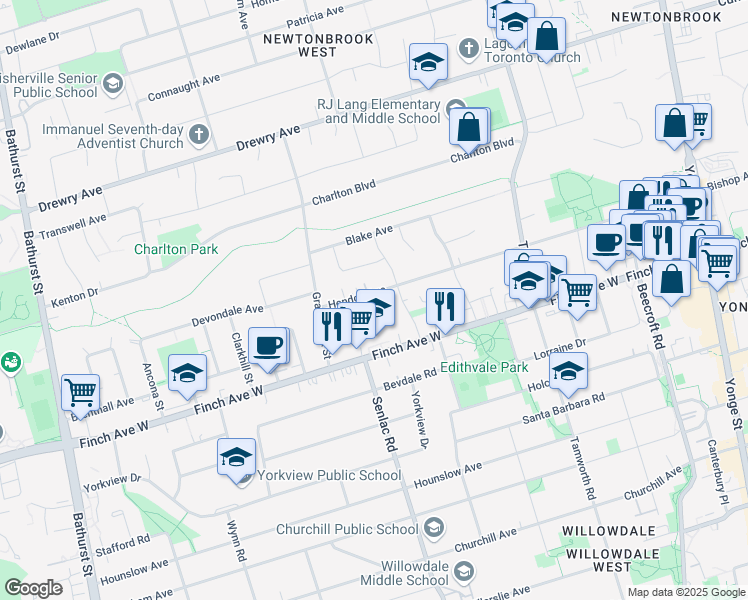 map of restaurants, bars, coffee shops, grocery stores, and more near 293 Hendon Avenue in Toronto