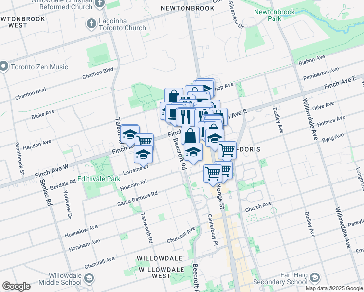 map of restaurants, bars, coffee shops, grocery stores, and more near 509 Beecroft Road in Toronto