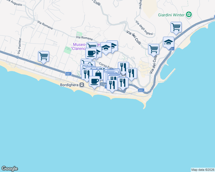map of restaurants, bars, coffee shops, grocery stores, and more near 30 Via della Libertà in Bordighera