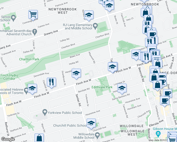 map of restaurants, bars, coffee shops, grocery stores, and more near 63 Routliffe Lane in Toronto