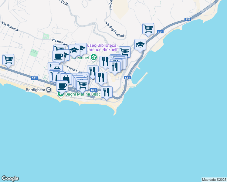 map of restaurants, bars, coffee shops, grocery stores, and more near Corso Francesco Rossi in Bordighera