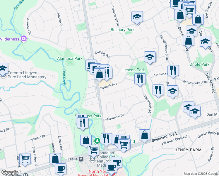 map of restaurants, bars, coffee shops, grocery stores, and more near 26 Nymark Avenue in Toronto