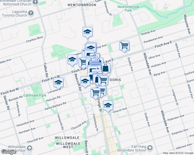 map of restaurants, bars, coffee shops, grocery stores, and more near 5519 Yonge Street in Toronto