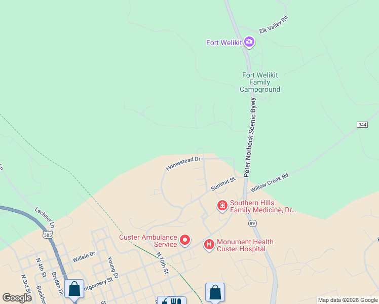 map of restaurants, bars, coffee shops, grocery stores, and more near 989 Homestead Drive in Custer