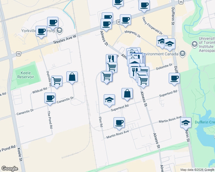 map of restaurants, bars, coffee shops, grocery stores, and more near 1111 Flint Road in Toronto