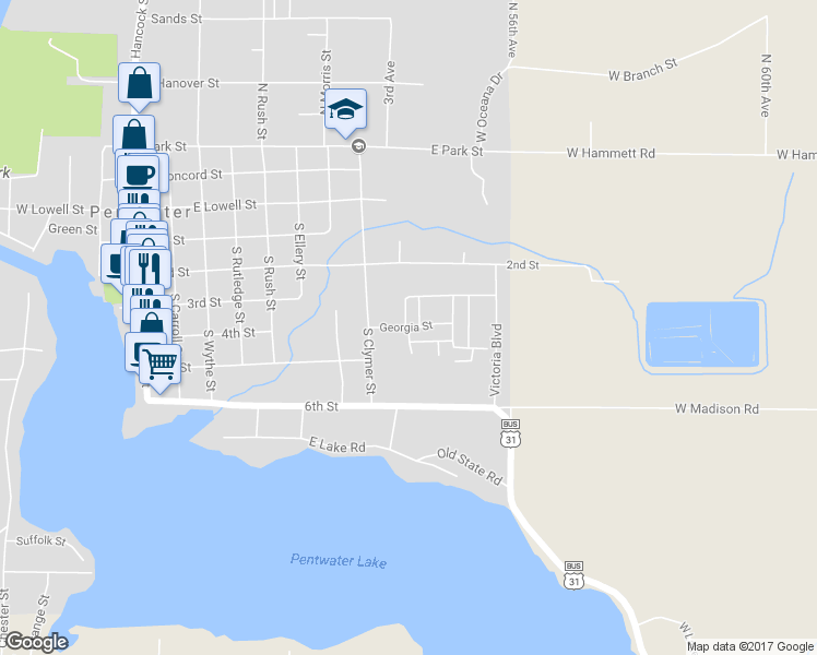 map of restaurants, bars, coffee shops, grocery stores, and more near Georgia Street in Pentwater