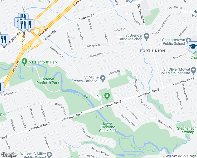 map of restaurants, bars, coffee shops, grocery stores, and more near 5 Wanita Road in Toronto